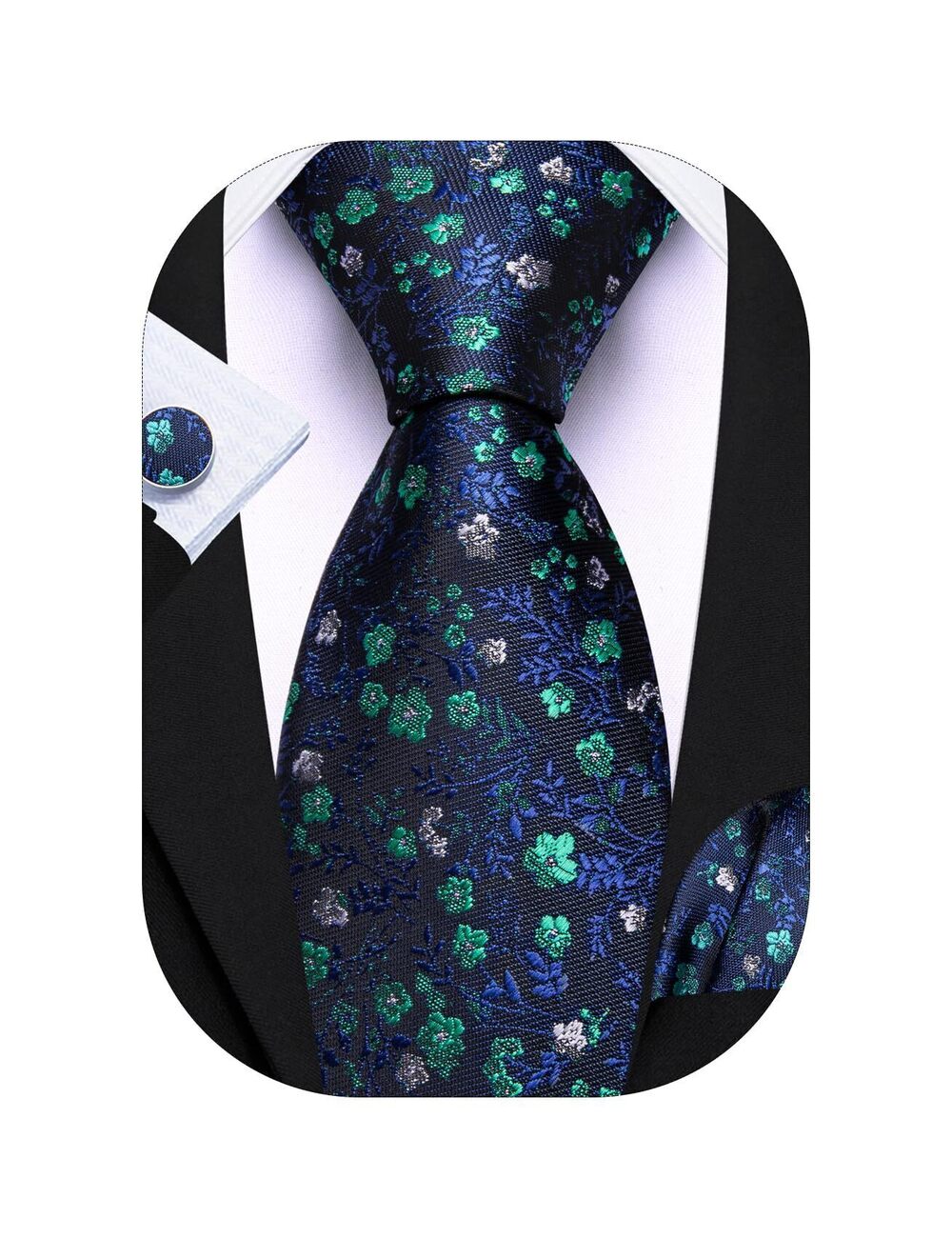 4906 Blue Teal Flower Tie Sets Silk Woven Necktie Pocket Square Cufflinks